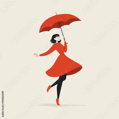Joyful Woman Dancing in Red Dress with Umbrella Upbeat and Playful