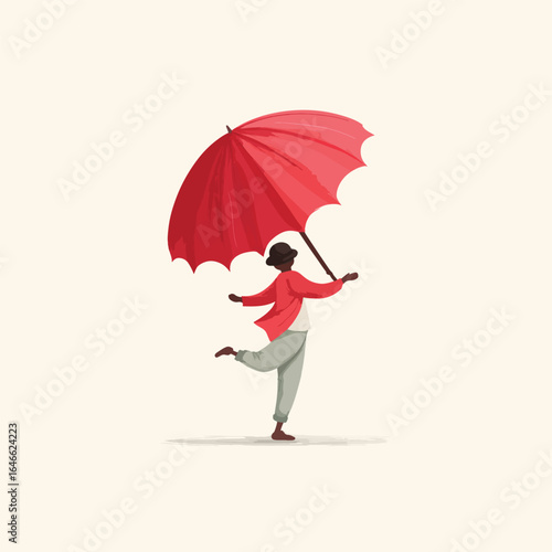Joyful woman in red jacket balancing with a large red umbrella