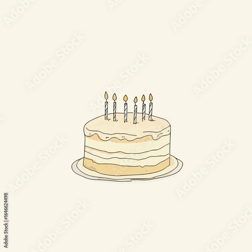 Layered cake with seven lit candles resting on a simple plate