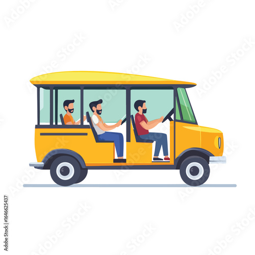 OpenAir Yellow Vehicle with Three Passengers and a Driver in Blue Jeans
