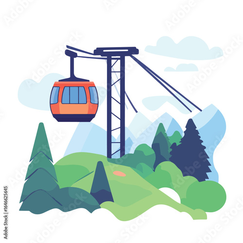 Orange cable car ascending over stylized green hills and blue mountain peaks