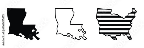 Louisiana State Map Outline Vector Icons Set. Diverse Graphic Representations of US States for Geographic Designs, Education, and Travel Content.