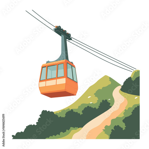 Orange Gondola Car Ascending Above Mountain Path and Lush Greenery