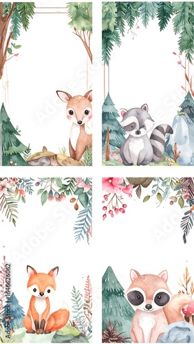 Four watercolor woodland animal frames, featuring foxes and raccoons