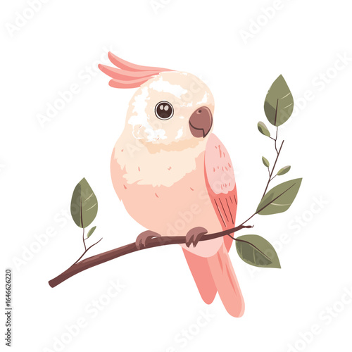 Pastel Pink Cockatoo Perched on Branch with Olive Green Leaves Vector Illustration