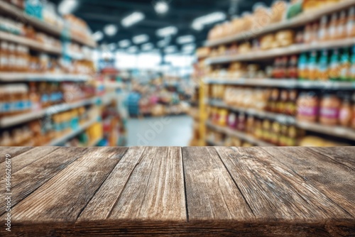 Grocery store interior, blurred background, wooden tabletop