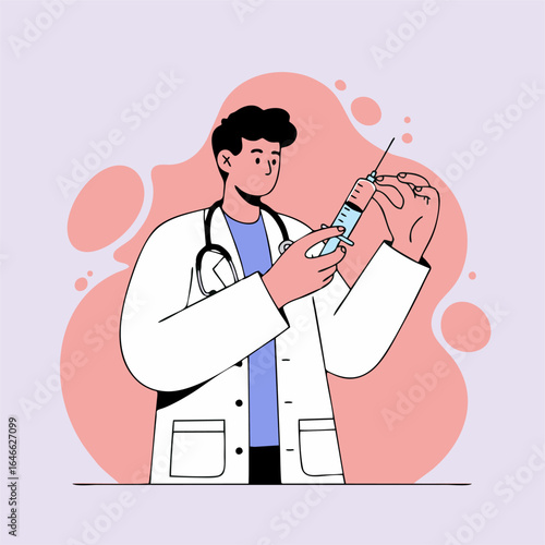 An illustration of a male doctor in a white lab coat with a stethoscope preparing a syringe for an injection.