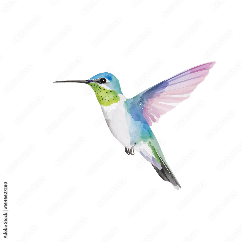 Fototapeta premium Watercolor hummingbird illustration in flight on an isolated transparent background for design