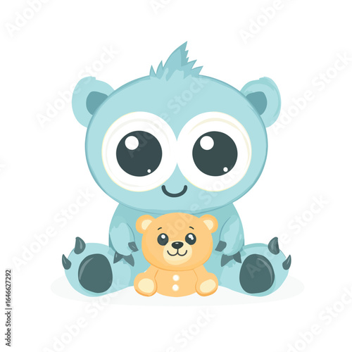 Playful Light Blue Monster Holding a Small Teddy Bear