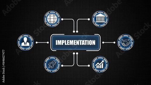 implementation concept on grid background and 3d animation. 
Internet, business, Technology and network concept