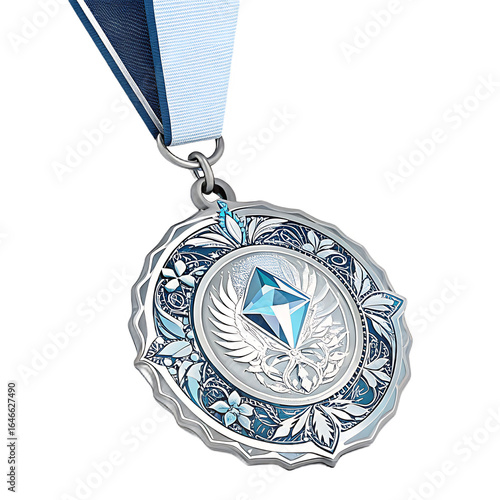Ornate circular medal with blue gemstone and ribbon isolated on transparent background