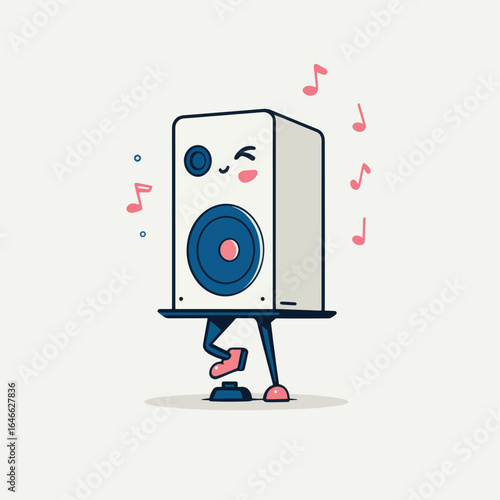Playful Speaker Character with Tiny Legs and Musical Notes