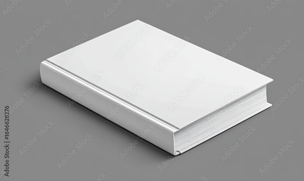 Blank white book on gray background. Flat lay, angled view, close up. Clean, simple design. Solid white cover with a slightly raised spine. Book is in a neutral gray studio environment Blank white book on gray background. Flat lay, angled view, close up. Clean, simple design. Solid white cover with a slightly raised spine. Book is in a neutral gray studio environment