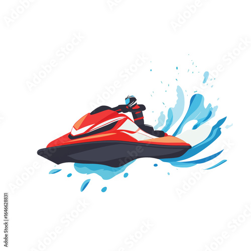 Red Jet Ski with Rider Cutting Through Water Creating a Splash Effect