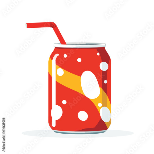 Red soda can with yellow stripe white circles and a red bendy straw