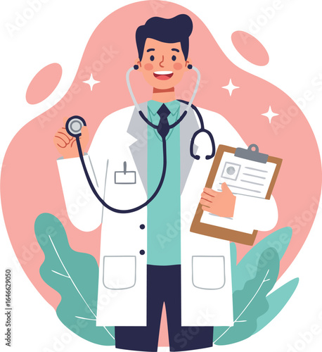 A friendly male doctor in a white coat smiles while holding a stethoscope and a medical clipboard, ready for a consultation.
