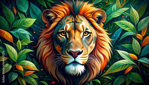 Lion in vibrant jungle foliage