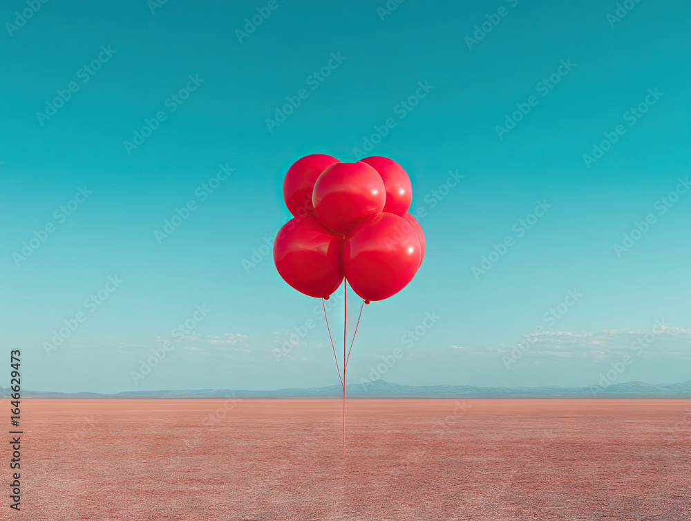 Fototapeta premium Red balloons floating in clear desert landscape under bright blue sky, evoking sense of serenity and minimalism