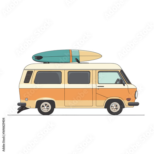 Retro Camper Van with Teal Surfboard Atop