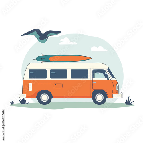 Retro Orange Camper Van with Surfboard and Flying Seagull Illustration