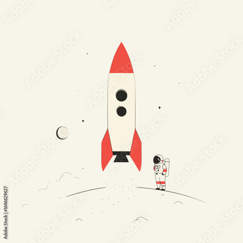 Retro Rocket Launch with Red Accents and Astronaut on Lunar Surface