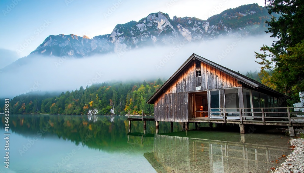 Fototapeta premium Lakeside cabin in the mountains