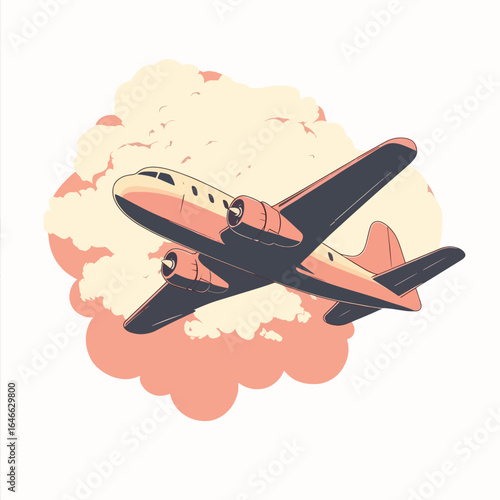 Retro TwinEngine Airplane Ascending Through Stylized Clouds Illustration