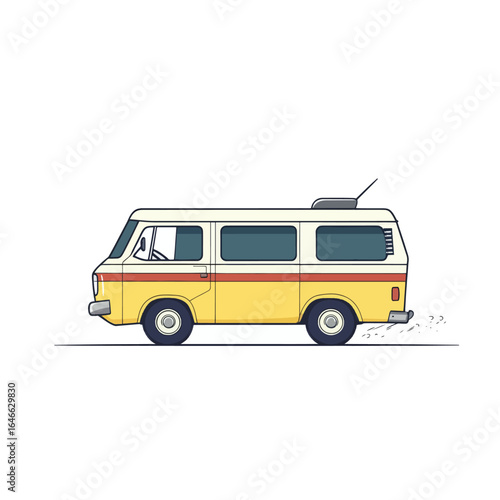 Retro Yellow Van with Antenna and Red Stripe Driving Away