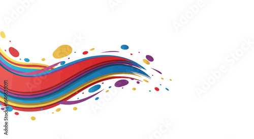 A colorful wave design with red blue and yellow flowing from the left corner speckled with vibrant dots