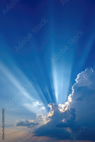 Sunbeams pierce clouds in vibrant blue sky