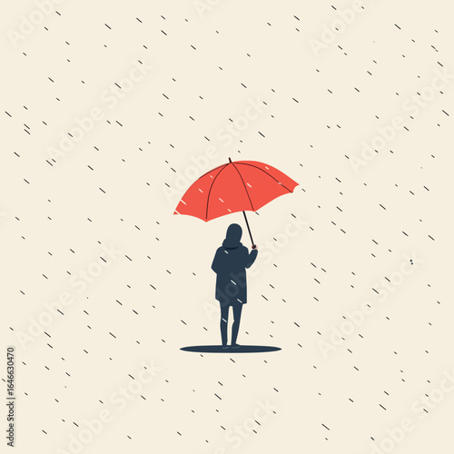 Silhouette in the Rain A Person Sheltered by a Red Umbrella