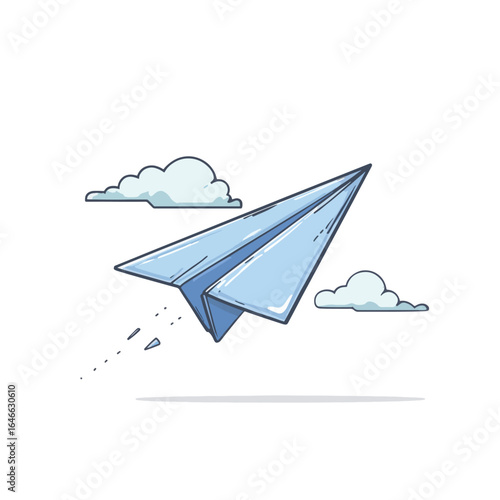 Simple Blue Paper Airplane Against a Sky with Clouds