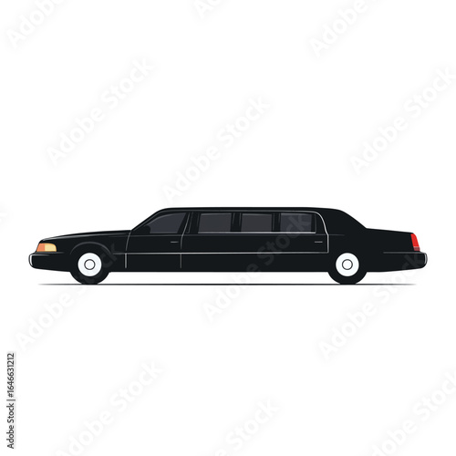 Sleek Black Limousine with Tinted Windows and Circular WhiteWalled Tires
