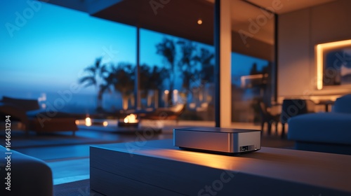 A hightech modem glowing softly in a luxurious living room