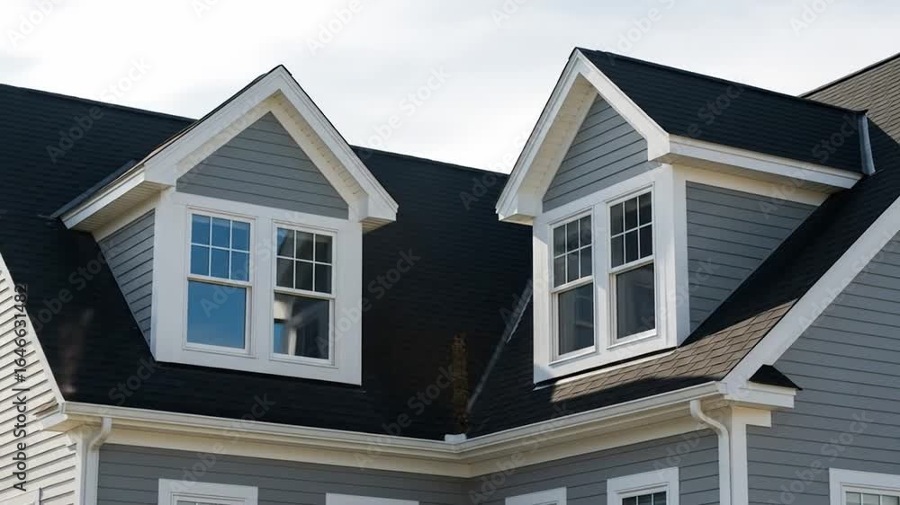 Modern residential house exterior with new roof and elegant dormer windows under a clear sky, showcasing contemporary architectural design. Modern residential house exterior with new roof and elegant dormer windows under a clear sky, showcasing contemporary architectural design.