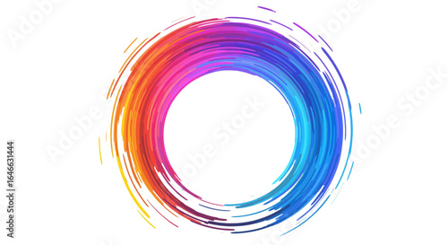 Colorful circle composed of brushstrokes with an empty white center and radial gradient of orange pink purple blue
