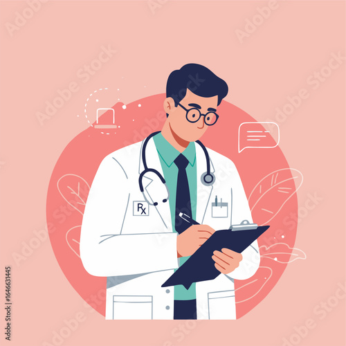 A male doctor in a white lab coat and stethoscope diligently writes notes on a clipboard.
