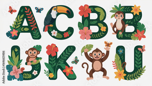 Tropical Jungle Alphabet Letters Featuring Monkeys, Toucan, Butterflies, and Exotic Flowers Illustration