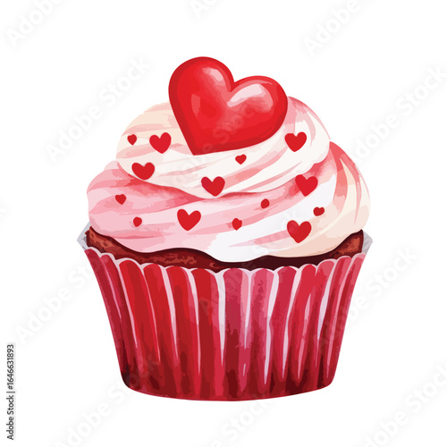 watercolor Red velvet cupcake with heart-shaped decoration illustration