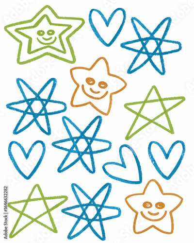 A cheerful collection of stars and hearts in a doodle style, full of joy and positivity