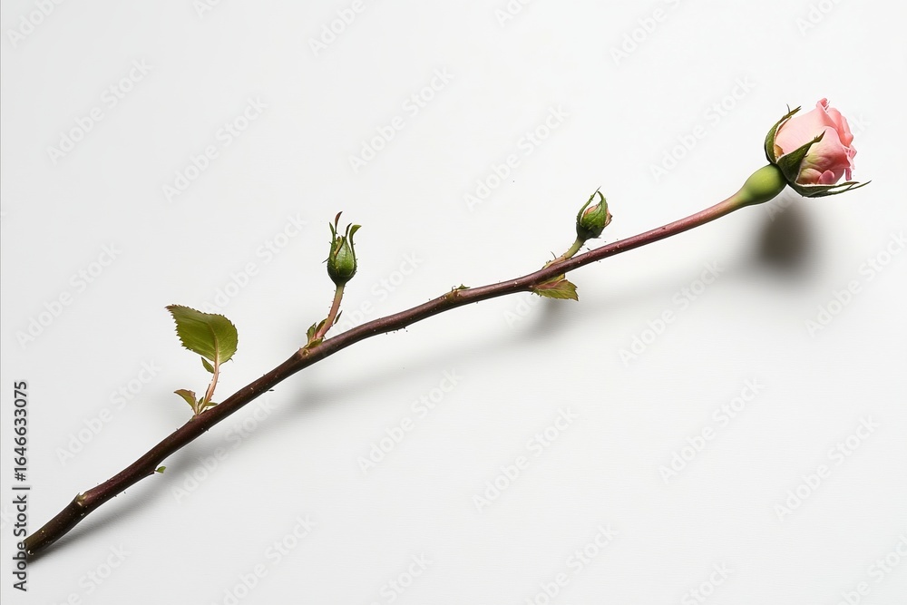 Fototapeta premium Delicate Pink Rose Bud and Stem on White Background with Shadow