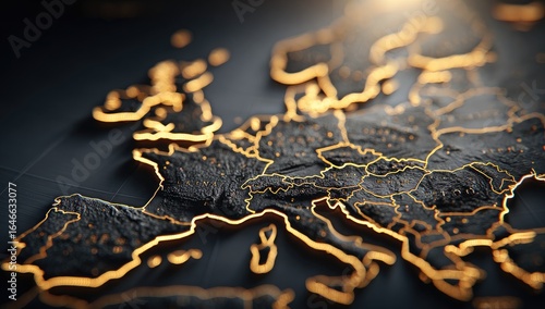A 3D rendered map of Europe, dark textured surface with gold borders highlighting each country.  Glowing effect adds depth