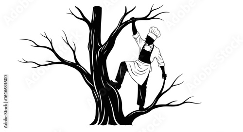 chef climbing bare tree reaching new heights in culinary innovation and sourcing unique ingredients