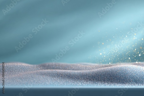 Soft teal background with a textured, light gray-blue sand dune landscape, golden glitter particles falling