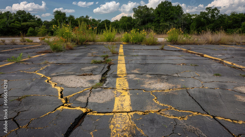 Abandoned parking lot with cracked asphalt, overgrown vegetation, and sense of neglect. yellow lines are faded, surrounded by wildflowers and greenery, creating contrast with desolate surface