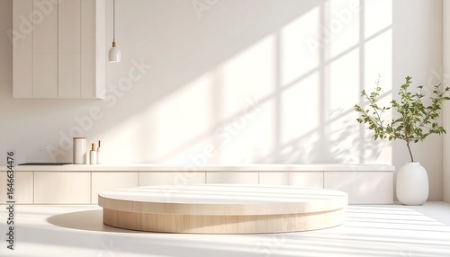 Minimalist room with sunlight streaming through a window onto a circular wooden platform