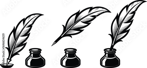 Classic Writing Set - Quill & Ink Bottle Silhouette, EPS JPEG PNG