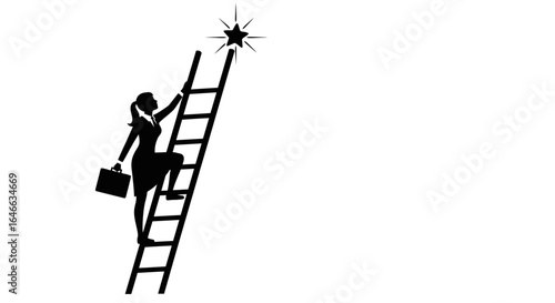 businesswoman climbing ladder to success reaching for a shining star achieving career goals and ambitions