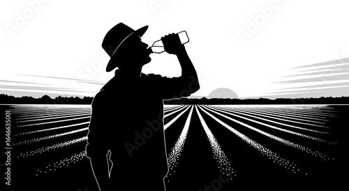 hardworking farmer taking a refreshing break in his vast field at sunset illustrating the dedication and resilience of agriculture