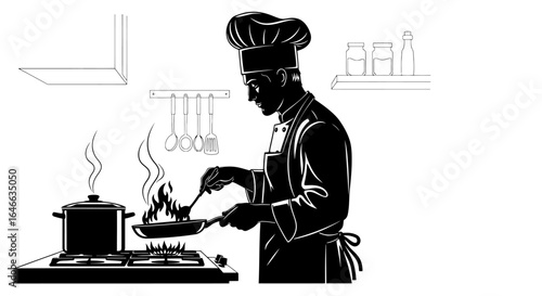 passionate chef cooking delicious food black and white silhouette for restaurant menus culinary websites and food blogs